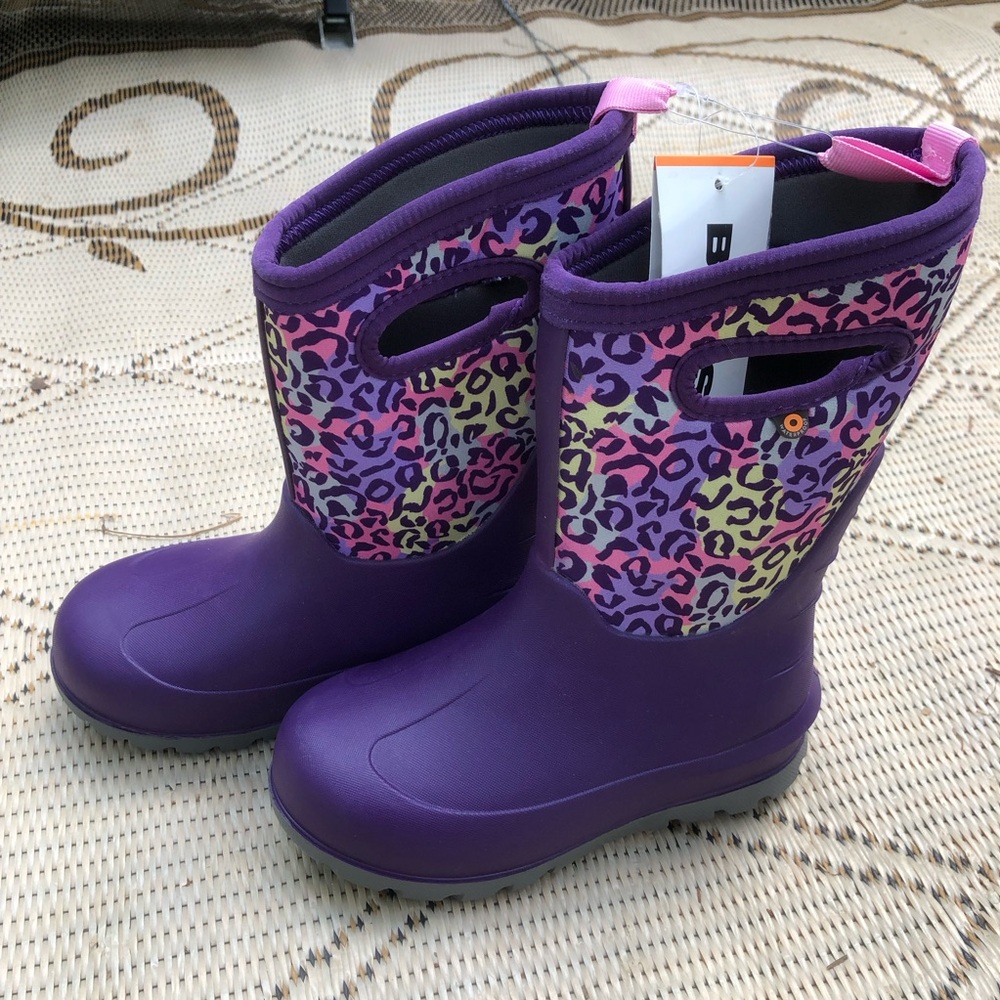 Bogs Purple Kids Neoprene Boots with Multicolor Leopard Shaft - Picture 5 of 6